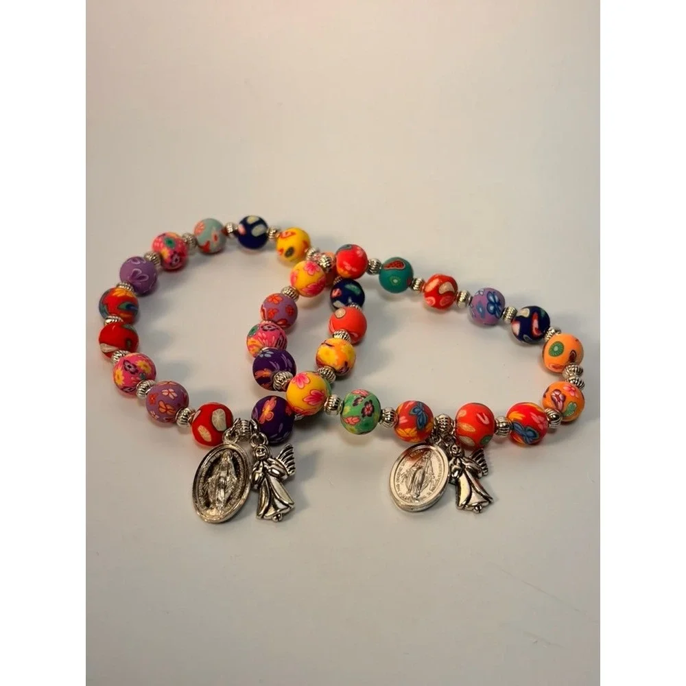Beaded Stretch Bracelet Set Multicolor Religious Angel Charms‎ Kidcore Boho